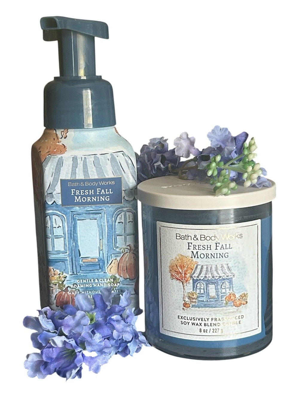 Bath & Body Works Blue Fresh Fall Morning Hand Soap & Single Wick Candle Set New